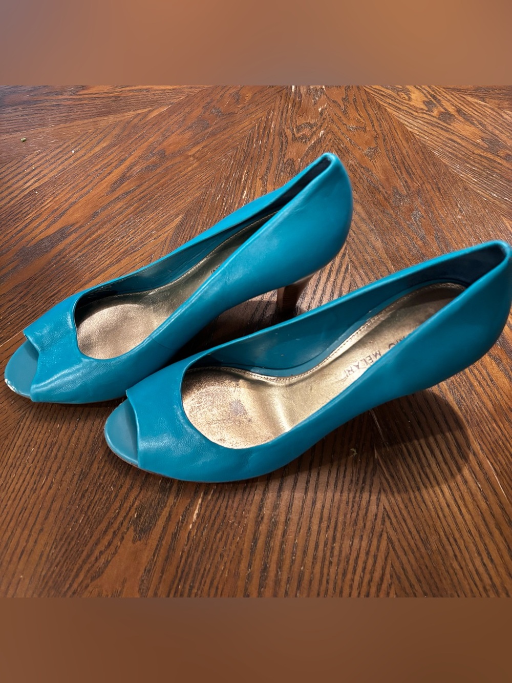Antonio Melani Teal Leather Peep Toe Heels Size 9 Pumps